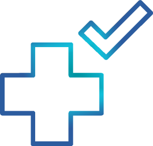 Blau konturierter Pluszeichen, kombiniert mit einem Haken-Symbol, das Bestätigung oder Aktivierung symbolisiert