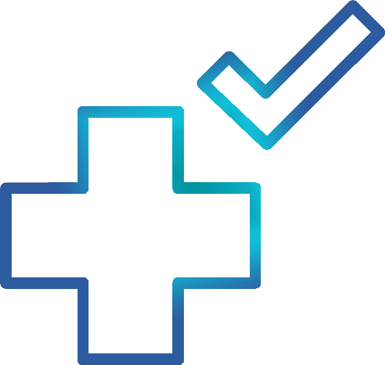 Blau konturierter Pluszeichen, kombiniert mit einem Haken-Symbol, das Bestätigung oder Aktivierung symbolisiert