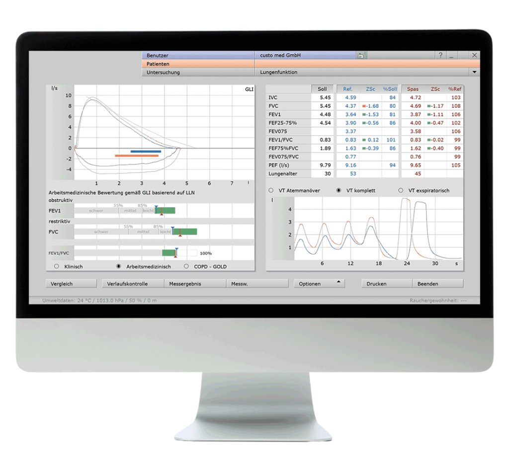 Bildschirm, der das Software-Modul custo diagnostic vit für Spirometrie