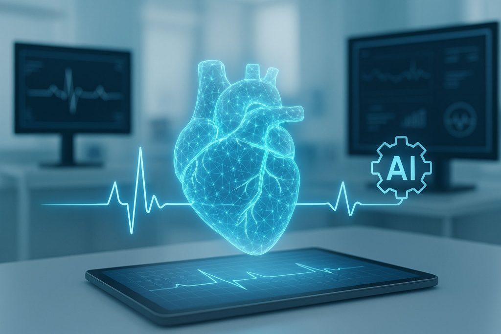 modell eines menschlichen Herzens im Vordergrund, umgeben von EKG-Linien und dem Symbol 'AI' in einem Zahnrad, mit unscharfen medizinischen Bildschirmen im Hintergrund