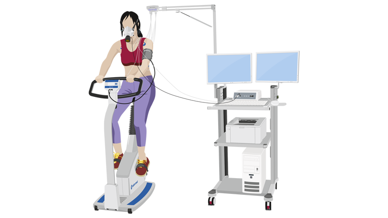 Drau führt Spiroergometrische Untersuchung durch, sitzt auf Ergometer mit Maske für die Atemgasanalyse; Neben ihr steht Gerätewagen mit Ausstattung und custo cardio 400 für die Untersuchung
