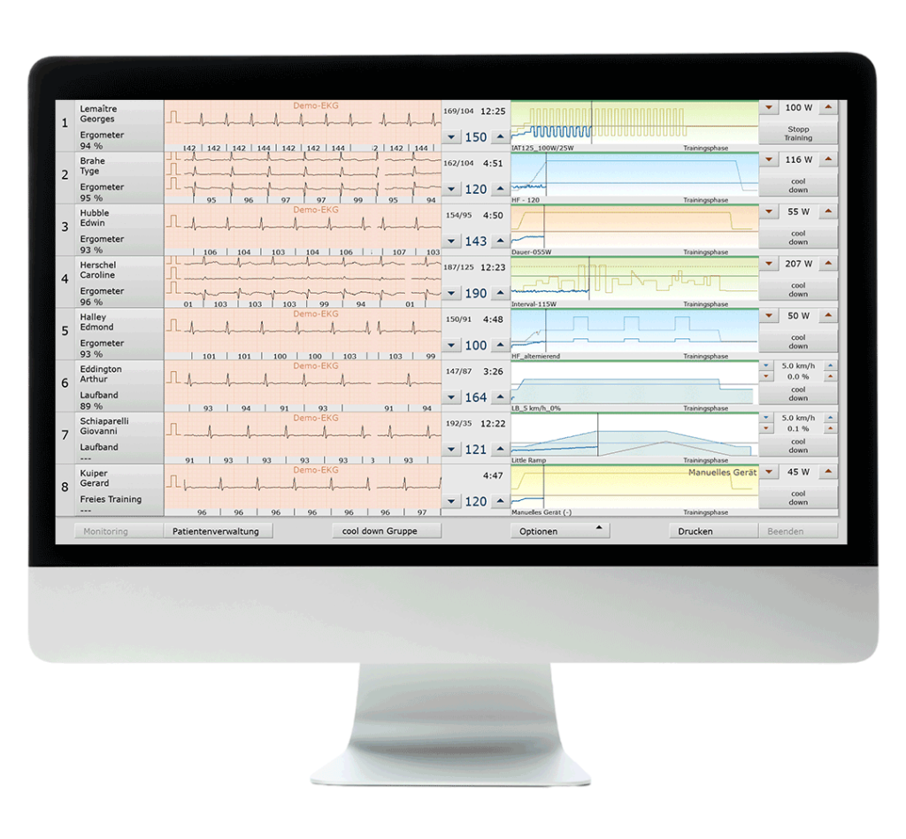 Bildschrim auf transparentem Hintergrund mit der geöffneten Softwareoberfläche custo diagnostic rehab. Auf der linken Hälfte des Bildschirms werden EKGs von 8 trainierenden Personen angezeigt, auf der rechten Seite der Trainingsverlauf der
