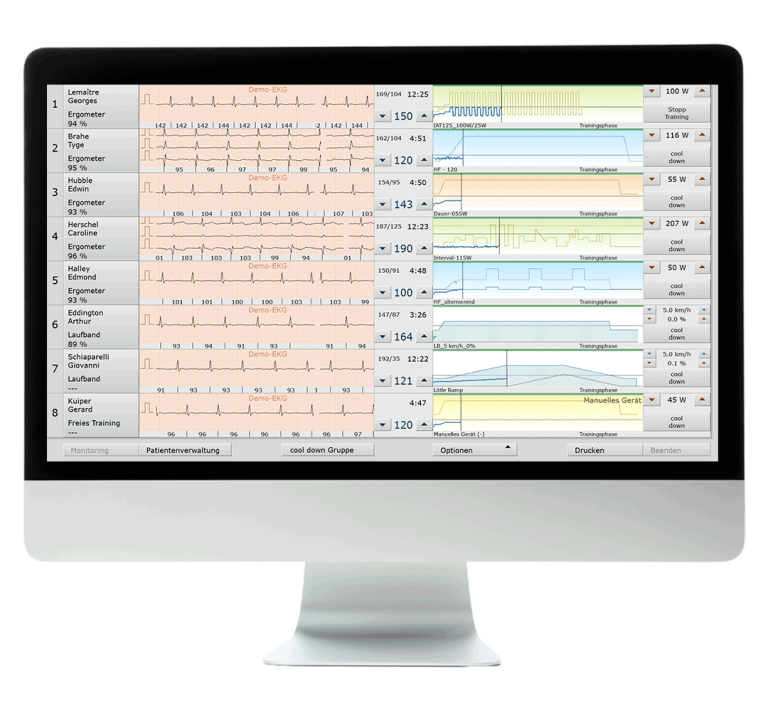 Bildschrim auf transparentem Hintergrund mit der geöffneten Softwareoberfläche custo diagnostic rehab. Auf der linken Hälfte des Bildschirms werden EKGs von 8 trainierenden Personen angezeigt, auf der rechten Seite der Trainingsverlauf der