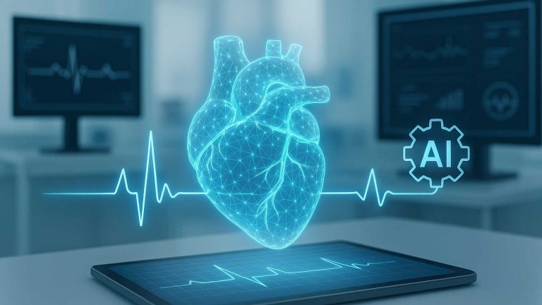 Medizinisches Herz mit EKG-Kurve und KI-Symbol, dargestellt als digitaler Gesundheitsassistent