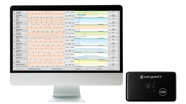 Bildschirm auf dem Software custo diagnostic rehab für kardiologische Reha angezeigt wird, daneben custo guard 3
