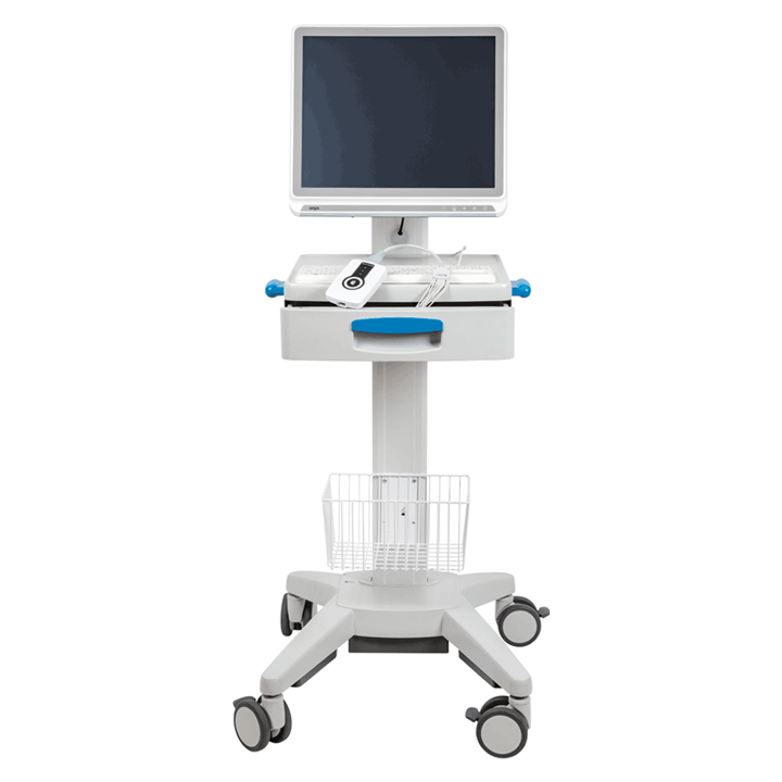Gerätewagen custo easy plus mit einem Bildschirm, einem Schubfach und einem Gitterkorb. Auf der Ablagefläche liegt eine Tastatur und custo cardio 300