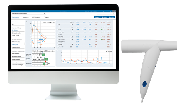 Bildschirm mit der geöffneten Software custo diagnostic vit, daneben das custo spiro mobile