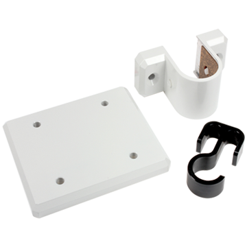 Produktfoto Wandmontageset custo cardio 400. Man sieht die Einzelteile des Sets: eine quadratische Platte, die Halterung für den Gerätearm und einen schwarzen HakenHaken