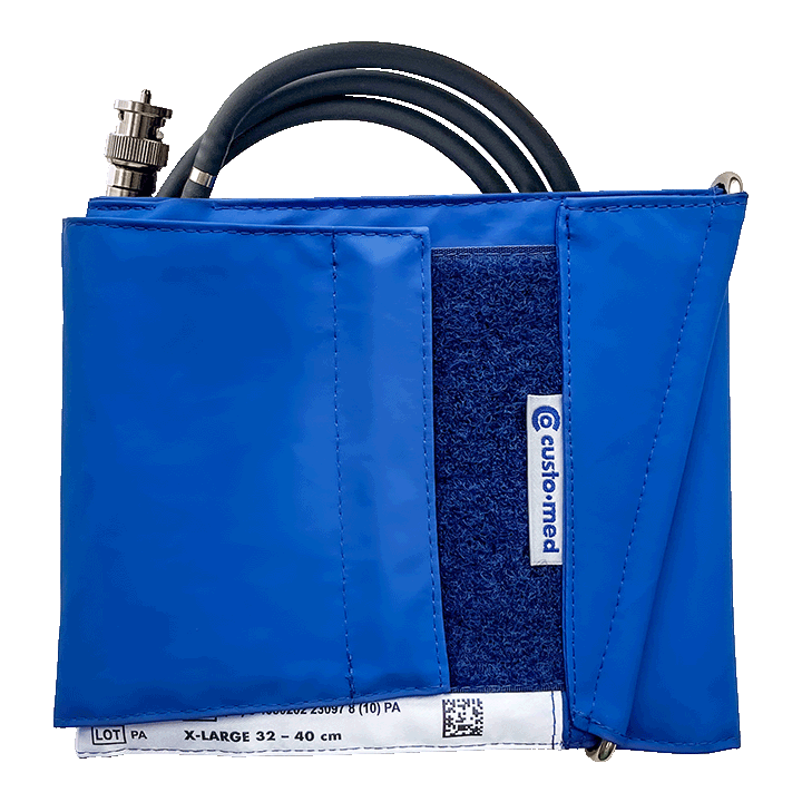 Blaue Manschette für die Blutdruckmessung mit Aufschrift "x-large" und der entsprechenden Maße 32-40 cm