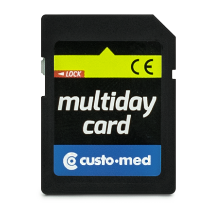 schwarze SD-Karte mit Aufschrift "multiday card" und custo med Logo