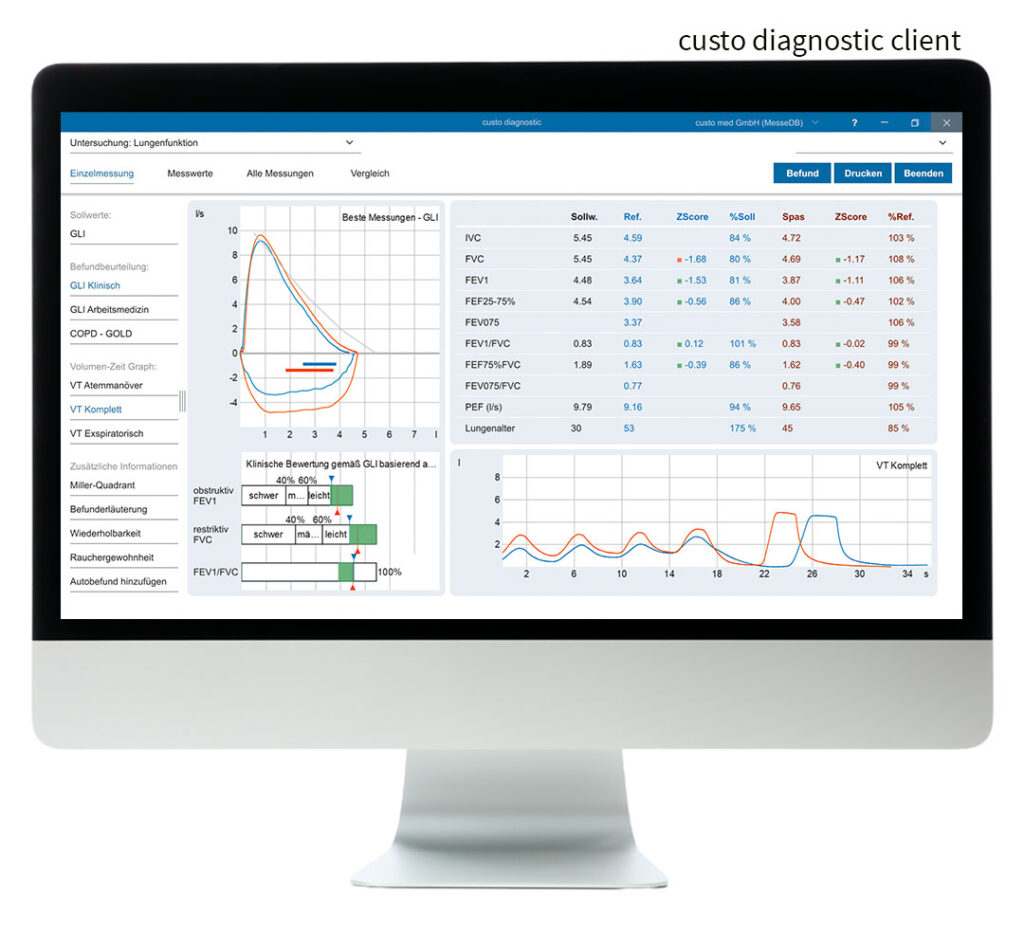 Bildschirm mit der geöffneten Software custo diagnostic vit in der custo diagnostic client-Version. Über dem Bildschirm steht "custo diagnostic client"
