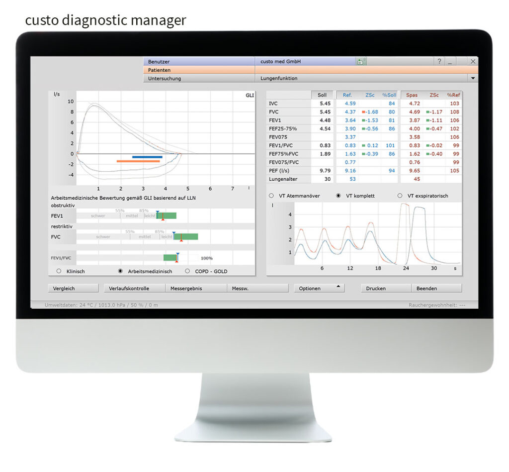 Bildschirm mit der geöffneten Software custo diagnostic vit in der custo diagnostic manager-Version. Über dem Bildschirm steht "custo diagnostic manager"