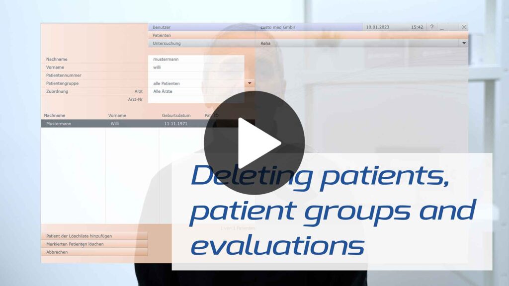 Video Thumbnail "Rehab / Deleting patients, patient groups and evaluations". Click opens the Video.